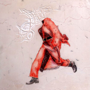 Laufender Mensch in roten Klamotten, Kopf als Relief in die FNatursteinfliese gearbeitet